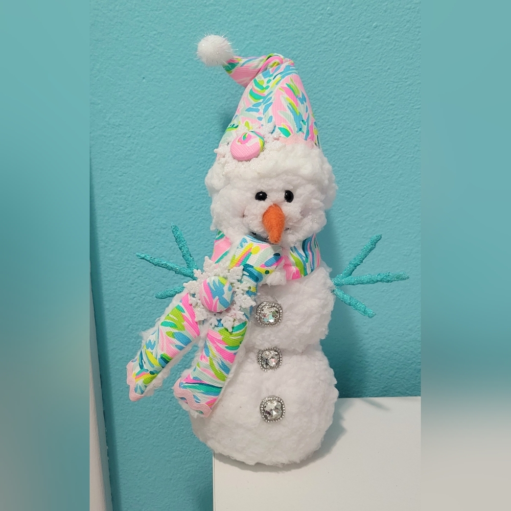 Snowman made with authentic Lilly Pulitzer Unicorn of the sea fabric